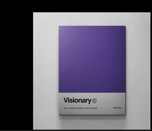 Minimalist wall art titled “Visionary®” featuring a vivid violet upper section with a light grey base that reads “Vivid violet for ambition, future-forward.”