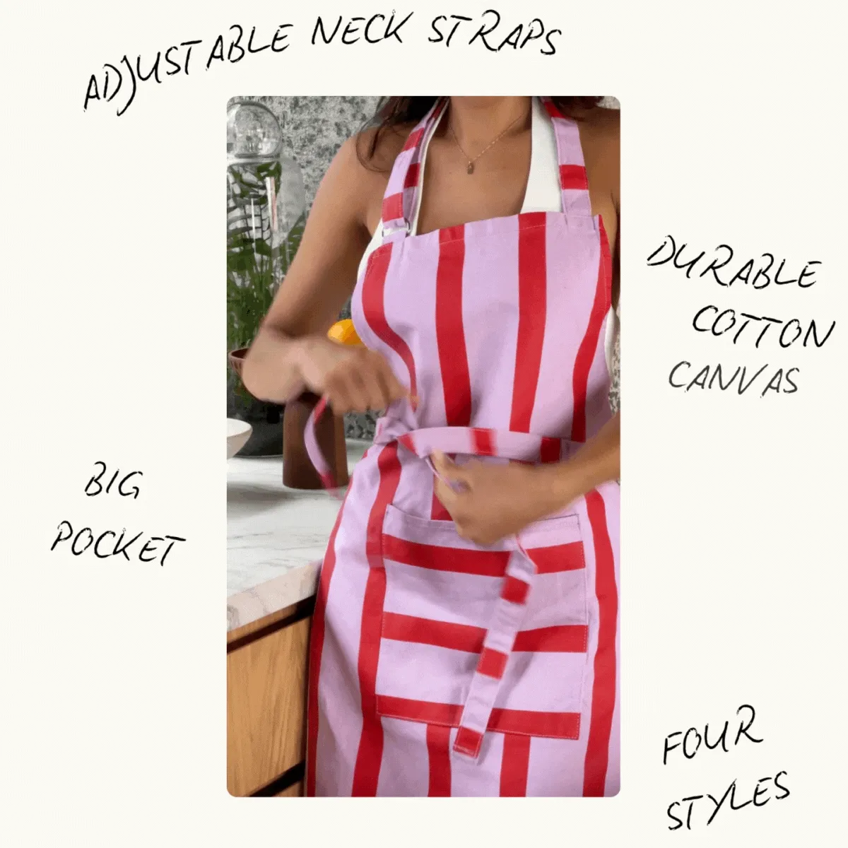 The Hommey Apron has: adjustable neck straps, durable cotton canvas, big pocket, four styles.