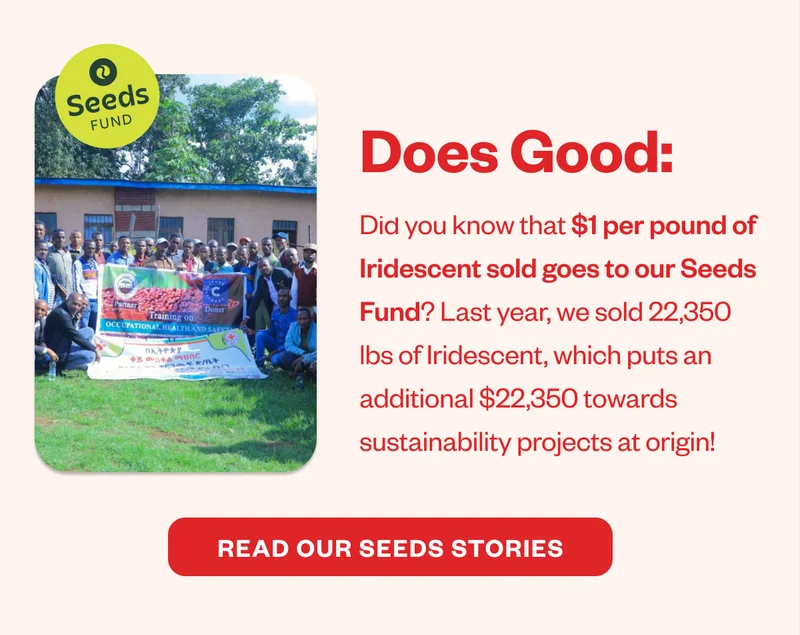 Does Good: did you kow that 41 per pound of Iridescent sold goes to our Seeds Fund? Last year, we sold 22,350 lbs of Iridescent, which puts an additional $22,350 towards sustainability projects at origin! Read our 2023 Seeds stories