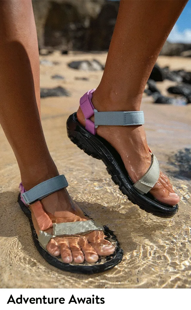 Women wearing strappy sport sandals at the beach and on a trail.