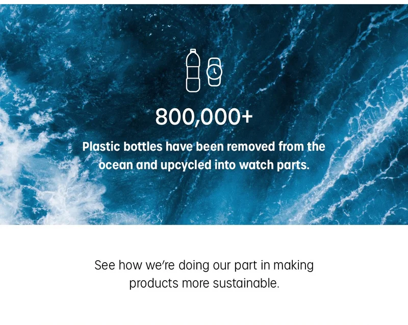42mm case size | Shop Now | 800,000+ Plastic bottles have been removed from the ocean and upcycled into watch parts. | See how we're doing our part in making products more sustainable.