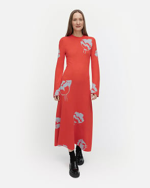 Red floral dress.