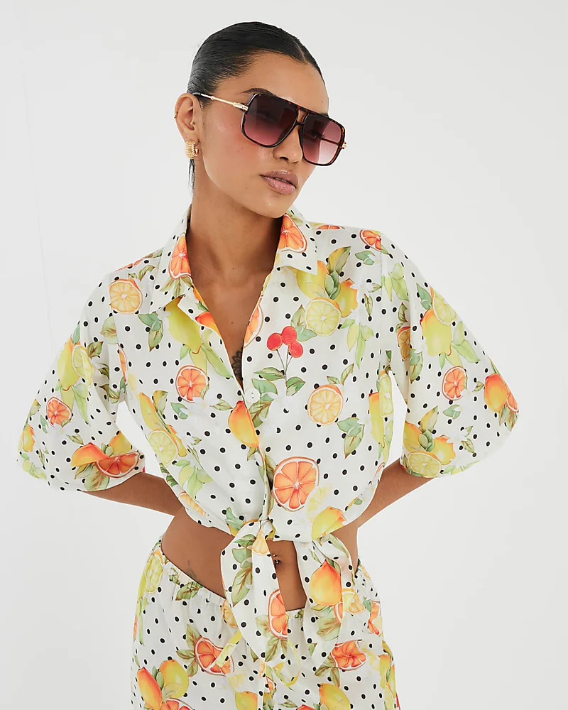 White Fruit Polka Dot Print Beach Shirt