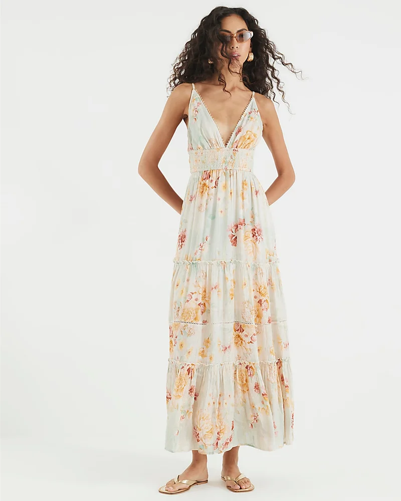Blue Floral Shirred Maxi Beach Dress