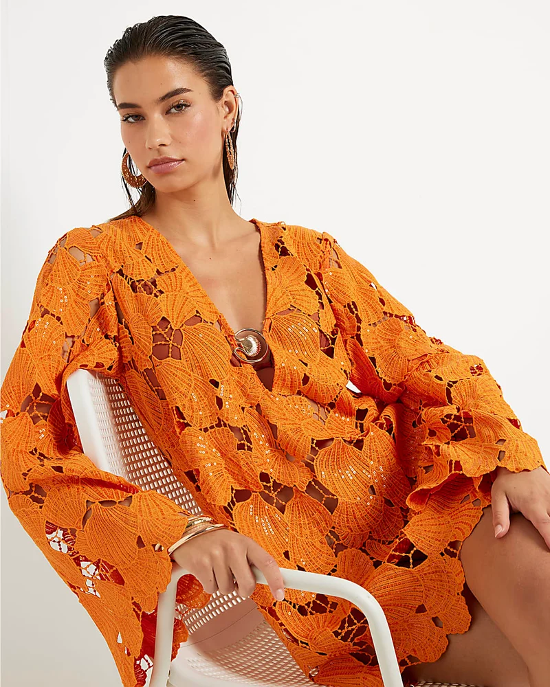 Orange Lace Shell Mini Beach Dress