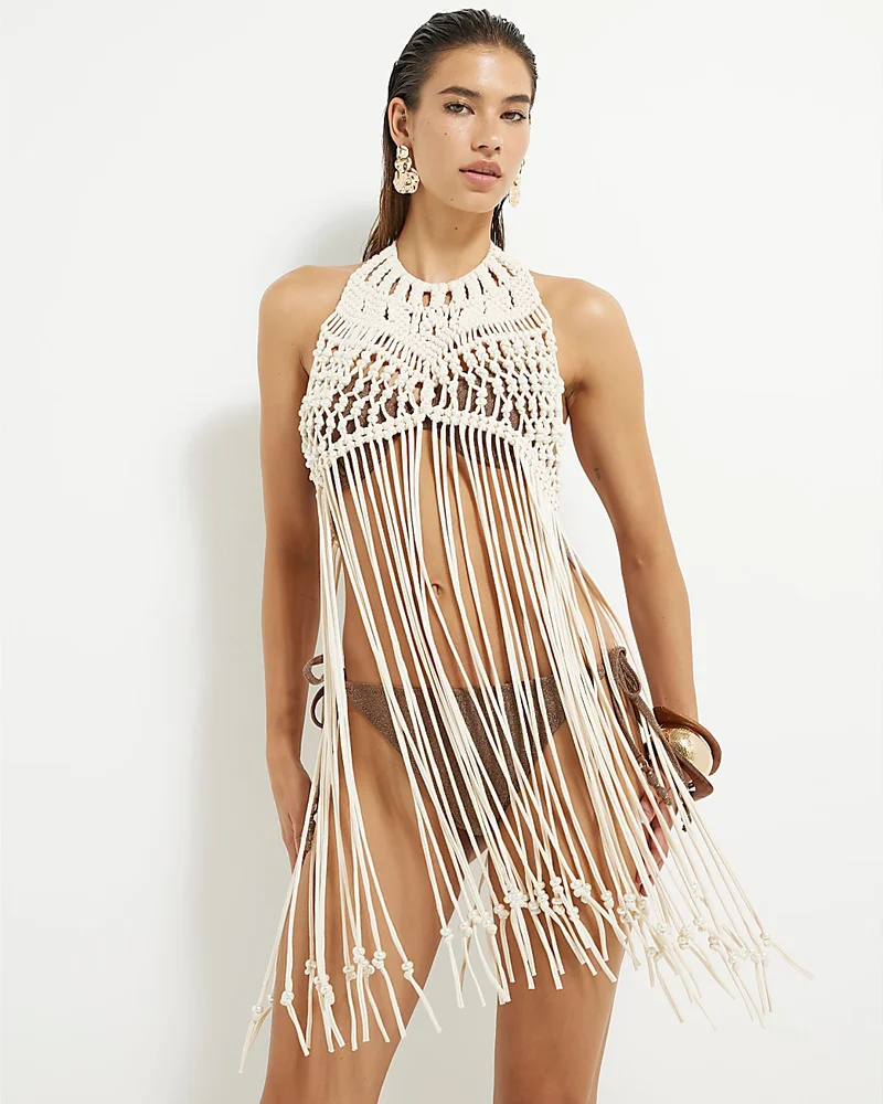Beige Macrame Halter Neck Pearl Trim Top