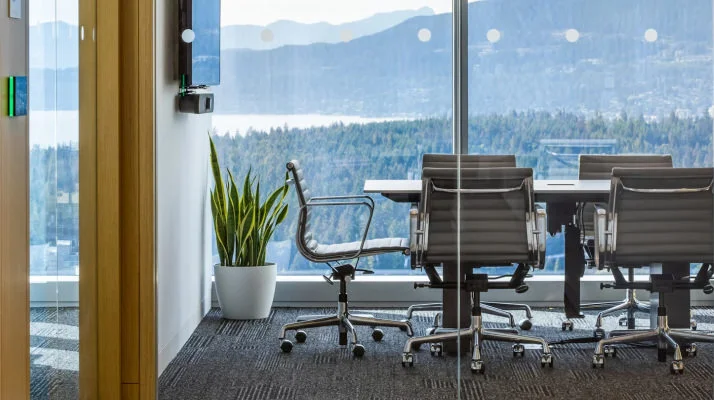 A conference room with a view of a vista of mountains, a TV mounted on the wall, a green plant in the corner, and a conference table with office chairs surrounding it.