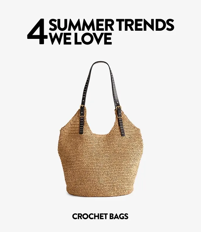 A crochet bag, oversized sunglasses, beaded necklace and baseball cap.
