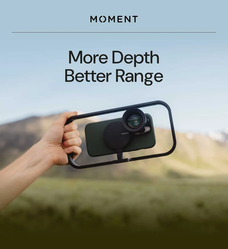 More Depth Better Range - Image of a phone with a moment Tele lens on it.