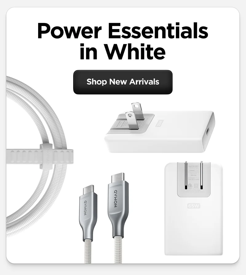 Power Essentials in White. Shop New Arrivals featuring White Kevlar Cable, 65W Slim Adapter.