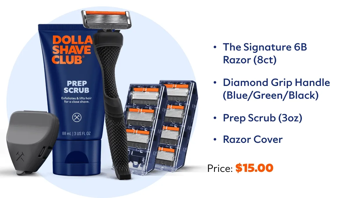 - The Classic 4B Razor (8ct). - Diamond Grip Handle (Blue/Green/Black) - Prep Scrub (3oz) - Razor Cover. Price: $15