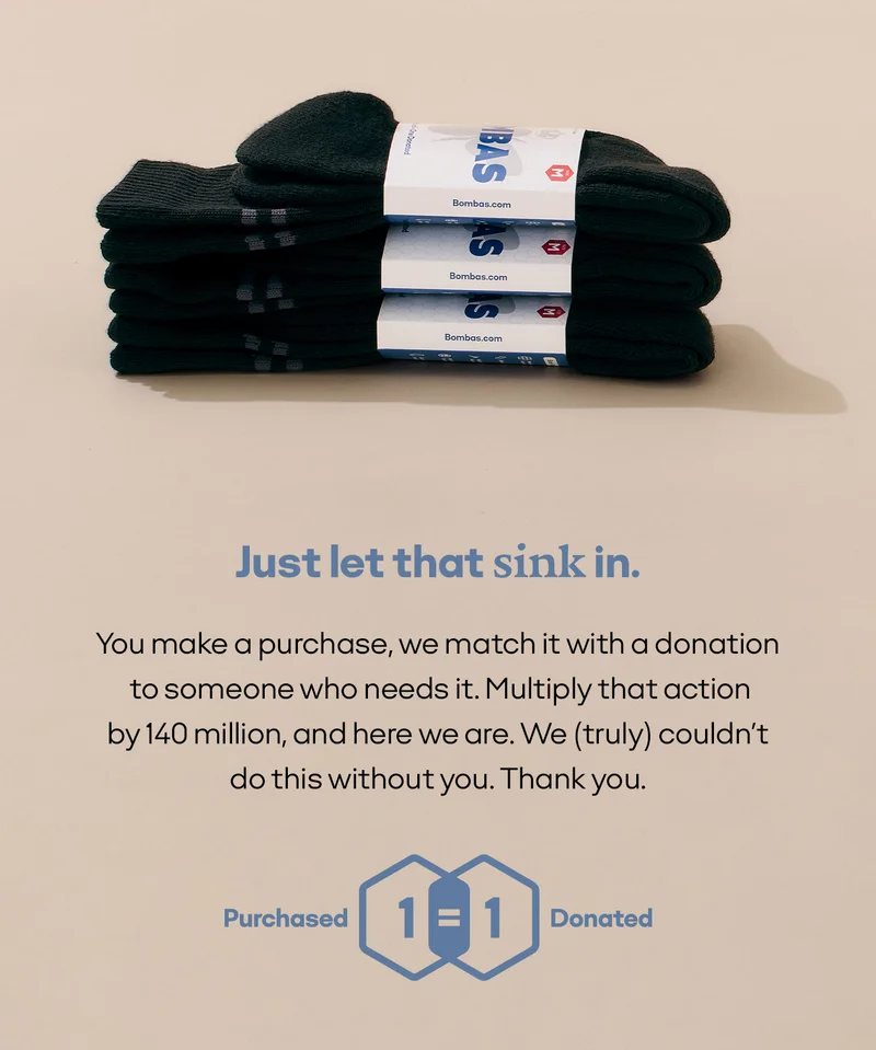 Just let that sink in. | You make a purchase, we match it with a donation to someone who needs it. Multiply that action by 140 million, and here we are. We (truly) couldn't do this without you. Thank you. | Purchased 1=1 Donated