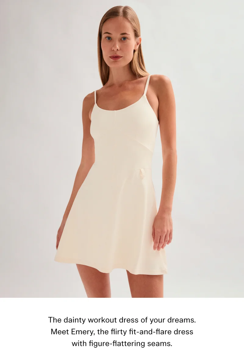The dainty workout dress of your dreams. Meet Emery, the flirty fit-and-fler dress with figure-flattering seams.