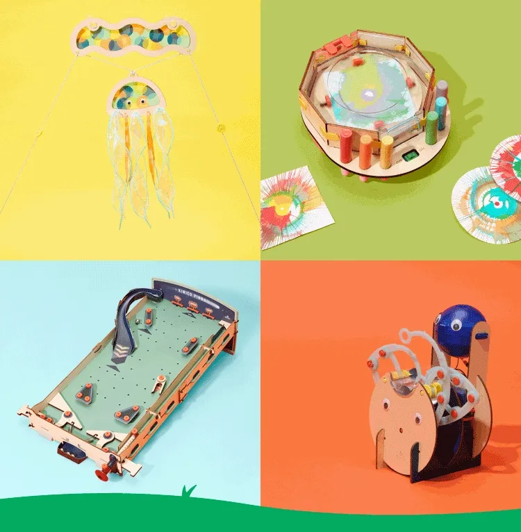 KiwiCo Summer Adventure Series - 4 crates including Koala Ocean Quest, Kiwi Motorized Spin Art, Eureka Pinball Machine, and Tinker Automatic Bubble Blower
