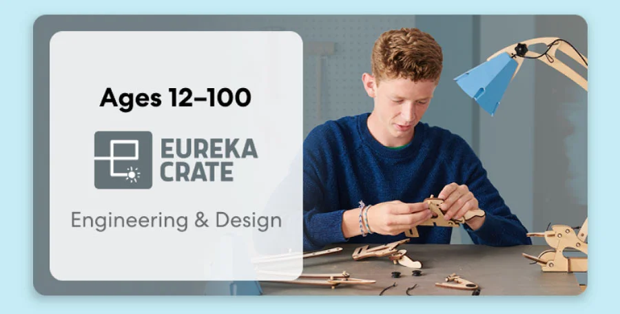 Teen creating an advanced KiwiCo project. Ideal for ages 12–16+ to spark creativity and innovation.