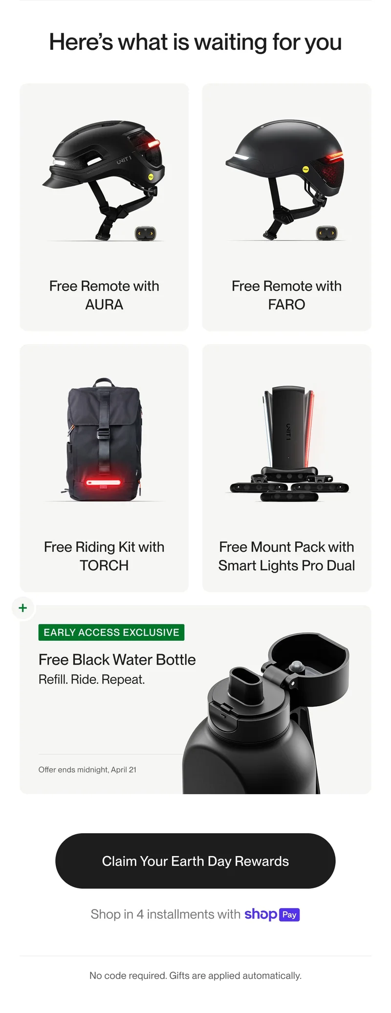 Earth Day bundle includes: free Remote with AURA and FARO helmets, free Riding Kit with TORCH backpack, free Mount Pack with Smart Lights Pro Dual, and exclusive Black Water Bottle for early access.