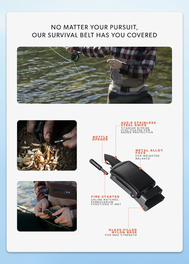 The Survival Belt has a built-in folding knife, fire starter, flashlight, and bottle opener.