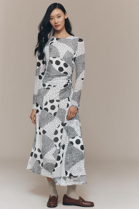 By Anthropologie Long-Sleeve Ruched Mesh Midi Dress