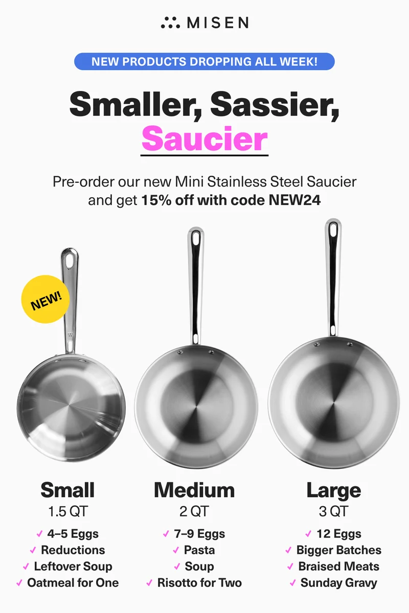 New Products dropping all week! Pre-order our new Mini Stainless Steel Saucier and get 15% off with code discount code