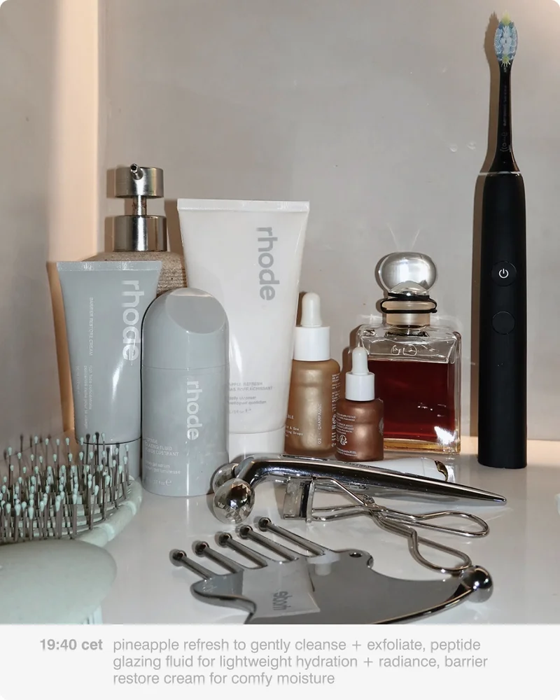 19:40 cet pineapple refresh to gently cleanse + exfoliate, peptide glazing fluid for lightweight hydration + radiance, barrier restore cream for comfy moisture