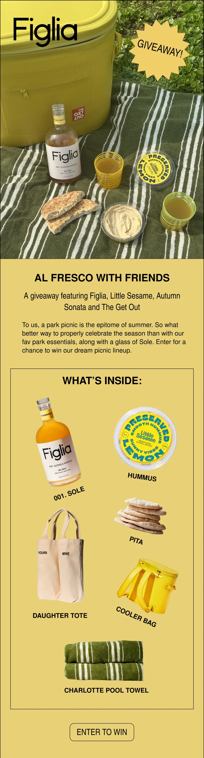 A giveaway featuring Figlia, Little Sesame, Autumn Sonata and The Get Out. To us, a park picnic is the epitome of summer. So what better way to properly celebrate the season than with our fav park essentials, along with a glass of Sole. Enter for a chance to win our dream picnic lineup.