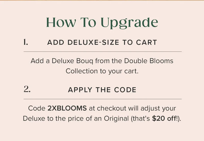How To Upgrade: 1. ADD DELUXE-SIZE TO CART 2. APPLY THE CODE 2XBLOOMS (Your Deluxe size Bouq will adjust to the price of an Original --that's $20 off!)