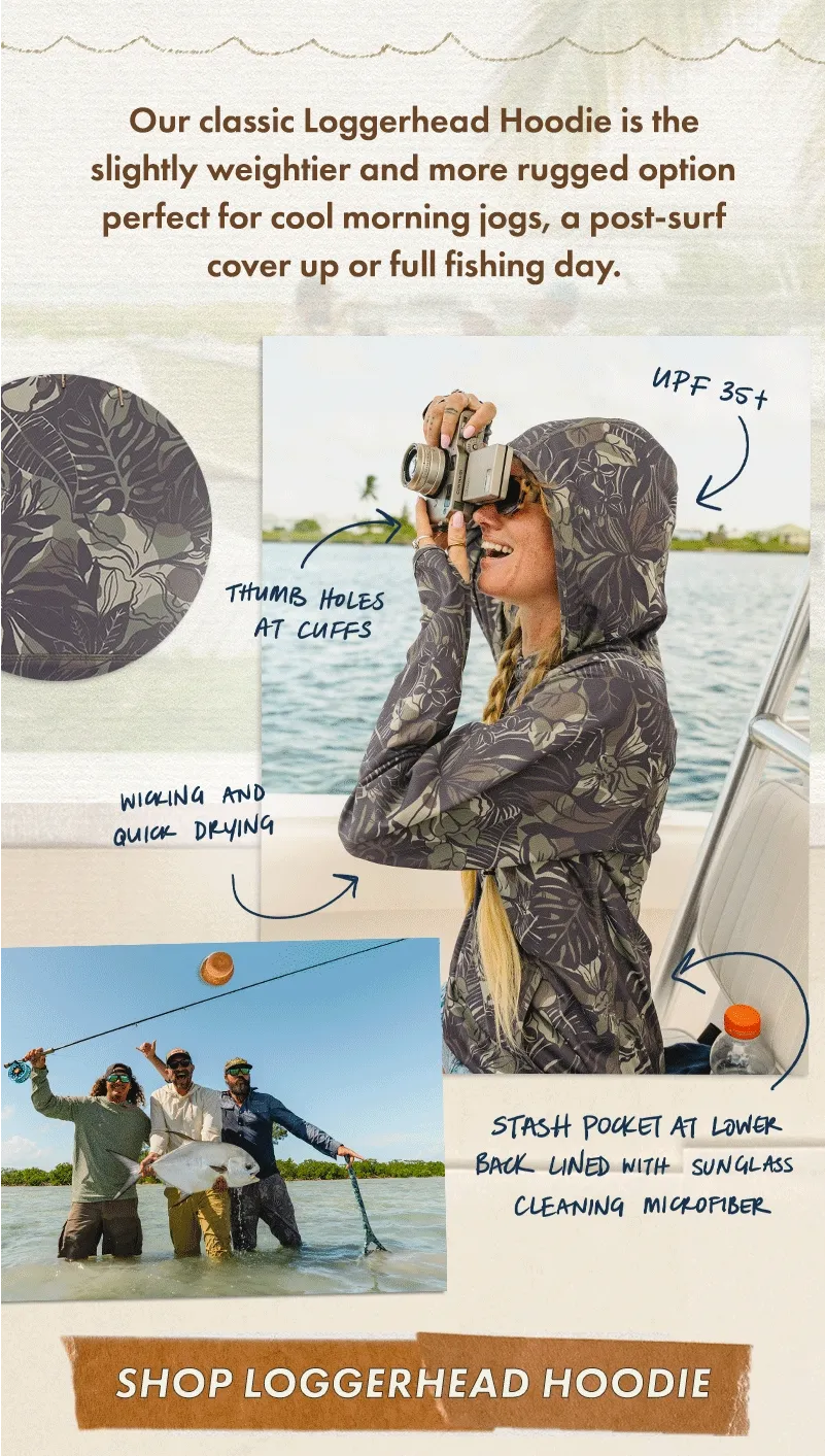 Our classic Loggerhead Hoodie is the slightly weightier and more rugged option perfect for cool morning jogs, a post-surf cover up or full fishing day.