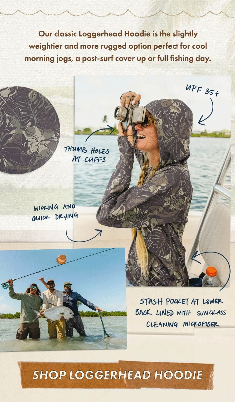 Our classic Loggerhead Hoodie is the slightly weightier and more rugged option perfect for cool morning jogs, a post-surf cover up or full fishing day.