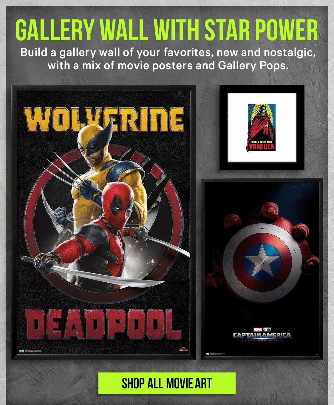 Gallery Wall With Star Power! Build a gallery wall of all your favorites, new and nostalgic, with a mix of movie posters and Gallery Pops.