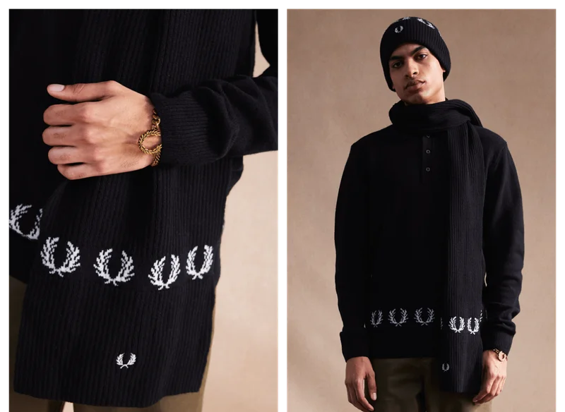 A collage of Fred Perry products: consisting of bright blue tartan knitwear, gold laurel wreath accessories and a black jumper and scarf rimmed with white laurel wreaths.