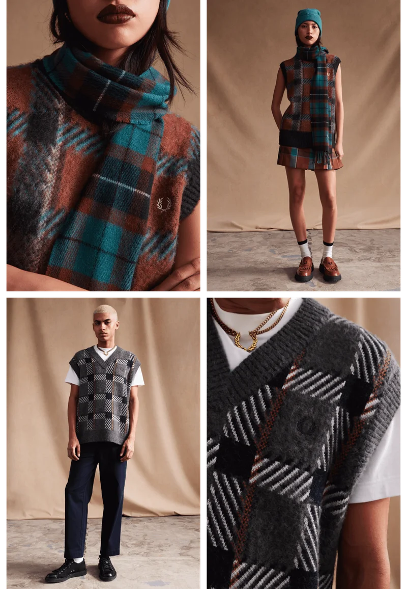 Female model with dark hair and a red lip, wears a full tartan Fred Perry outfit. Including a knitwear tartan v neck vest, pleated tartan mini skirt, tartan scarf and a teal knitted beanie. Merry Christmas.