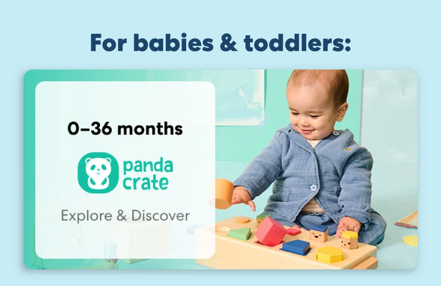 Baby playing with a KiwiCo Panda Crate toy. Designed for ages 0–36 months to explore and discover.