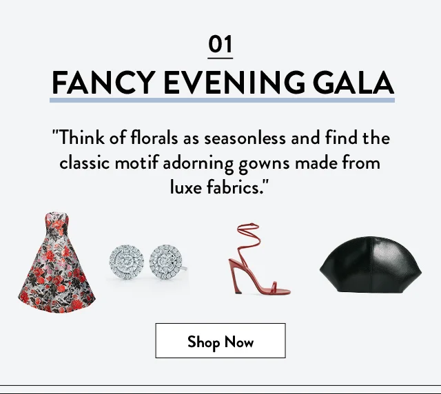 Embroidered floral gown, diamond earrings, strappy sandals and clutch.