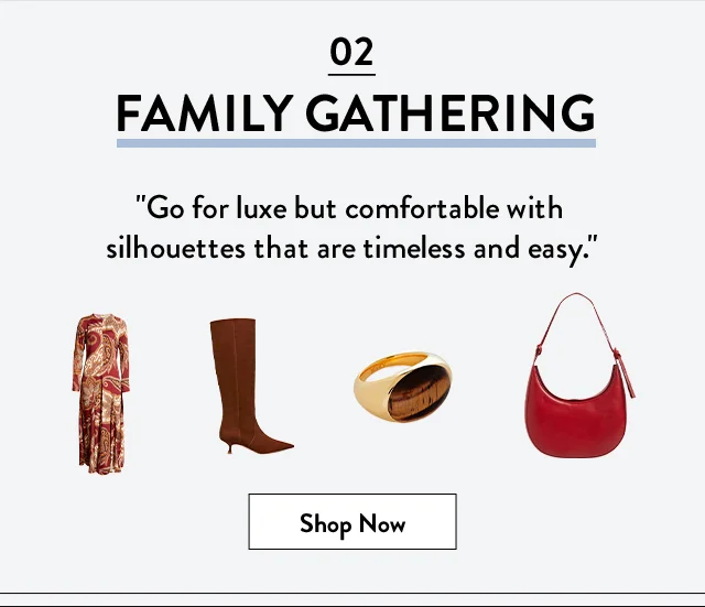Long dress, cocktail ring, tall boots and handbag.