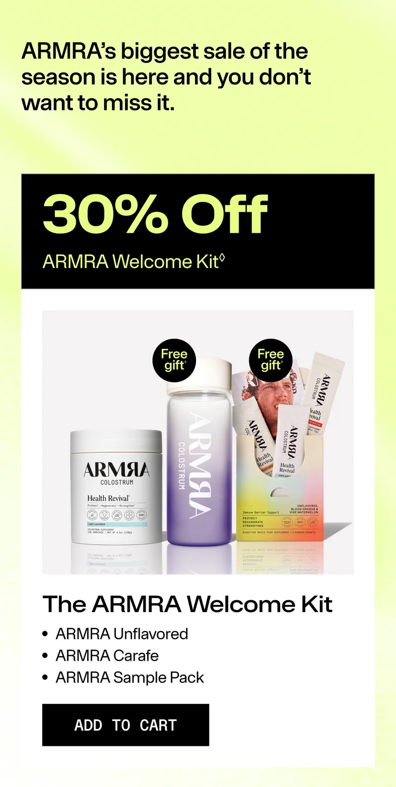 ARMRA Welcome Kit featuring Unflavored, Carafe, and Sample Pack with 30% off.