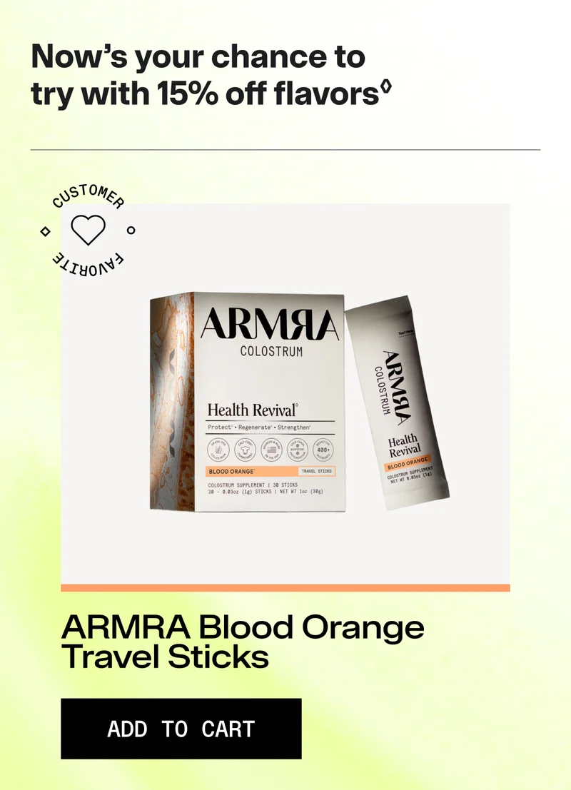 ARMRA Blood Orange Travel Sticks product image with 15% off promotion.
