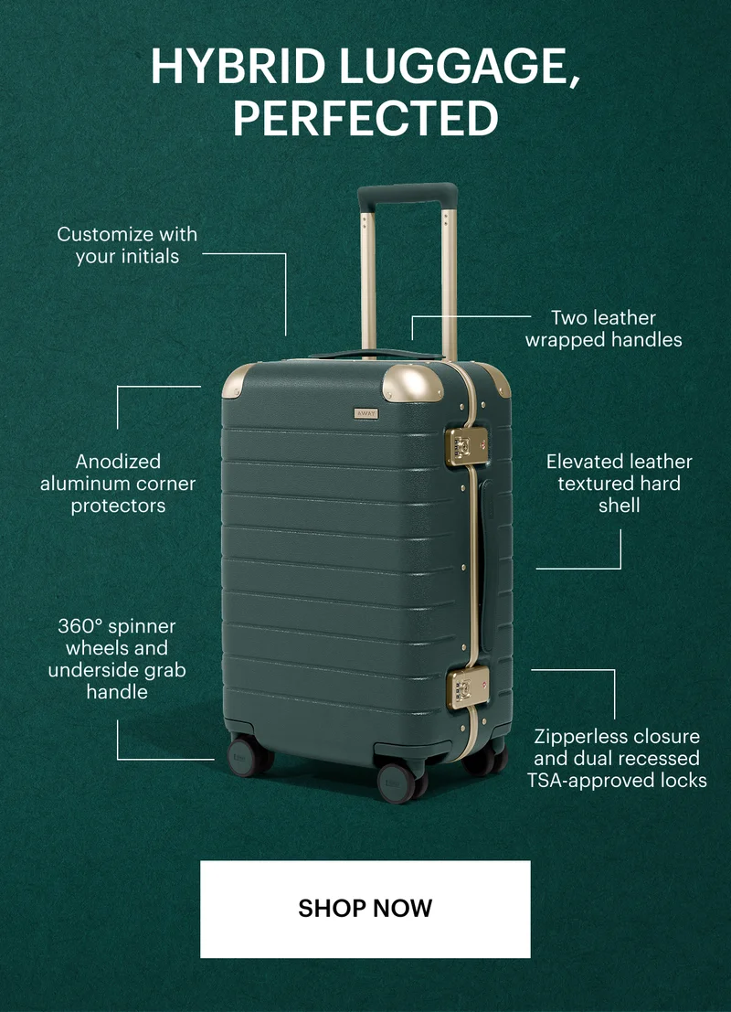 Hybrid luggage, Perfected Elevated leather-inspired textured hard shell Anodized aluminum corner protectors Zipperless closure and dual recessed inset TSA-approved locks  360° spinner wheels and underside grab handle Two leather-wrapped handles Customize with your initials