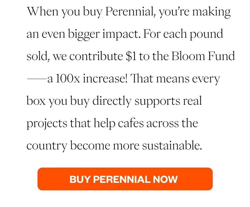 When you buy Perennial, you’re making an even bigger impact. We contribute $1 to the Bloom Fund for each pound sold—a 100x increase! That means every box you buy directly supports real projects that help cafes nationwide become more sustainable. CTA: Buy Perennial now When you buy Perennial, you’re making an even bigger impact. We contribute $1 to the Bloom Fund for each pound sold—a 100x increase! That means every box you buy directly supports real projects that help cafes nationwide become more sustainable. CTA: Buy Perennial now
