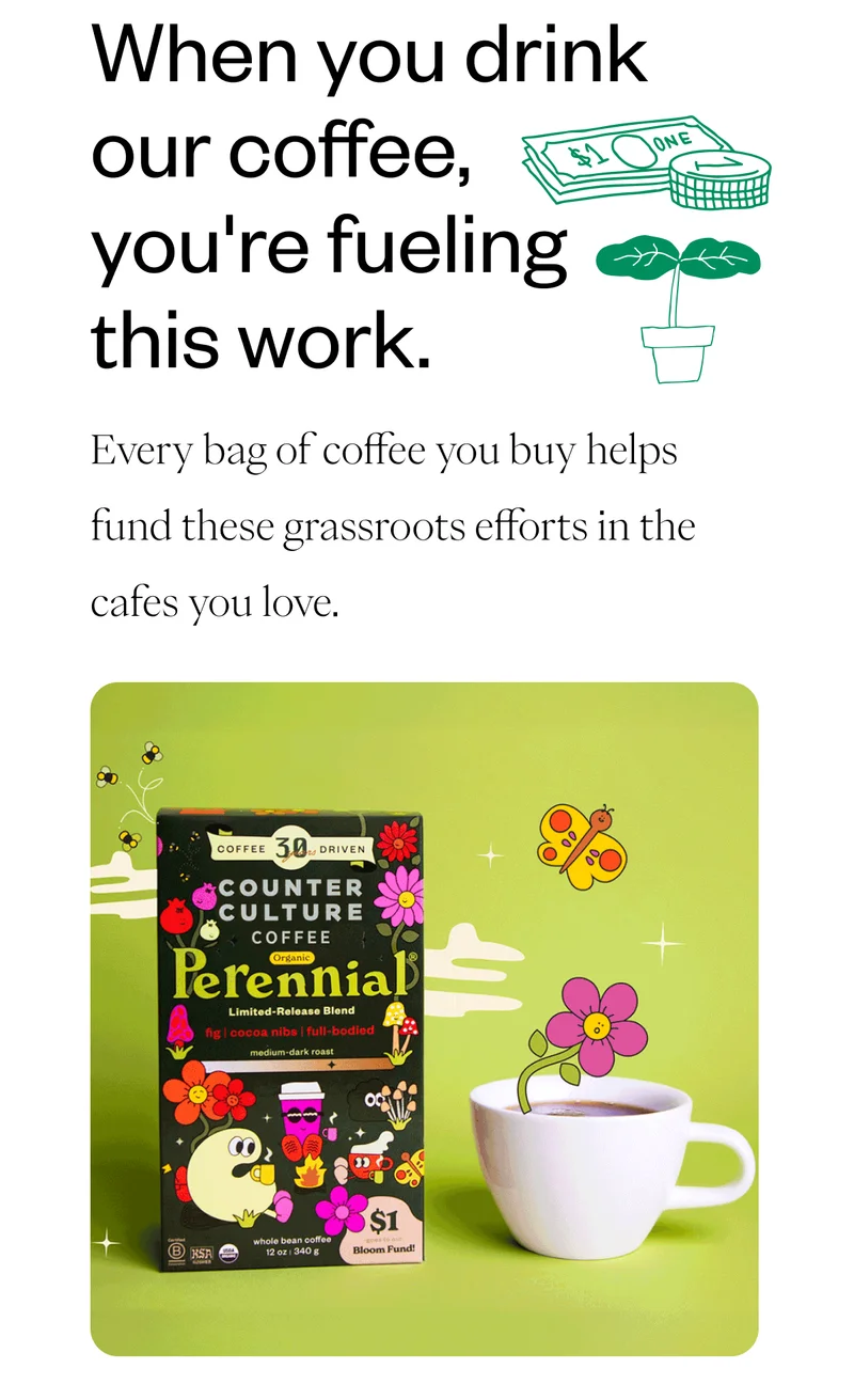 When you drink our coffee, you're fueling this work. Every bag of coffee you buy helps fund these grassroots efforts in the cafes you love. When you buy Perennial, you’re making an even bigger impact. We contribute $1 to the Bloom Fund for each pound sold—a 100x increase! That means every box you buy directly supports real projects that help cafes nationwide become more sustainable. CTA: Buy Perennial now When you drink our coffee, you're fueling this work. Every bag of coffee you buy helps fund these grassroots efforts in the cafes you love. When you buy Perennial, you’re making an even bigger impact. We contribute $1 to the Bloom Fund for each pound sold—a 100x increase! That means every box you buy directly supports real projects that help cafes nationwide become more sustainable. CTA: Buy Perennial now