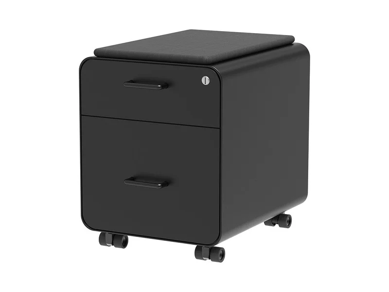 Workstream&nbsp;Rolling Round Corner 2-Drawer File Cabinet, With&nbsp;Seat Cushion and Lock, Black