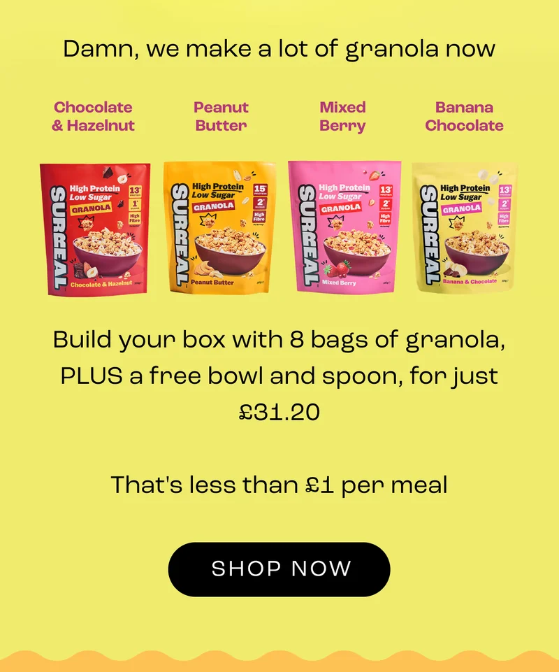Build your box with 8 bags of Granola, PLUS  a free bowl and spoon, for just £31.20. That's less than £1 per meal