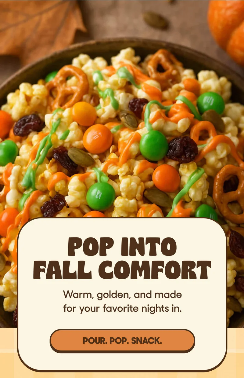 POP INTO FALL COMFORT Warm, golden, and made for your favorite nights in. POUR. POP. SNACK.