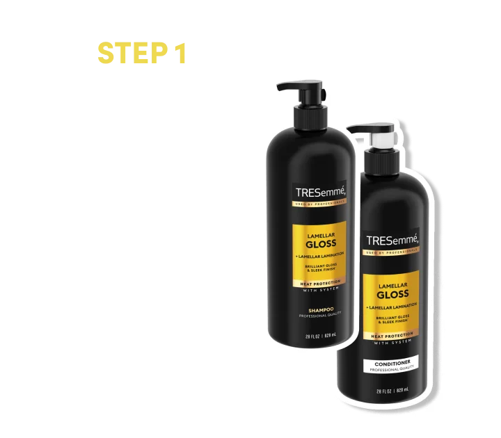 step 1 | First things first – cleanse, smooth & protect your strands with Lamellar Gloss Shampoo and Conditioner For Sleek Hair.
