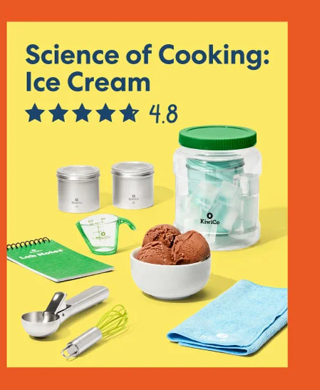 Science of Cooking: Ice Cream – A countertop with a green ice cream maker, ingredients, and a 4.8-star rating.
