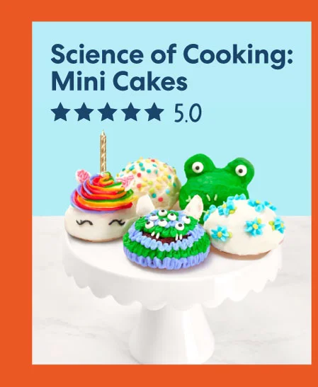 Science of Cooking: Mini Cakes – A cake with colorful decorations and a 5-star rating.