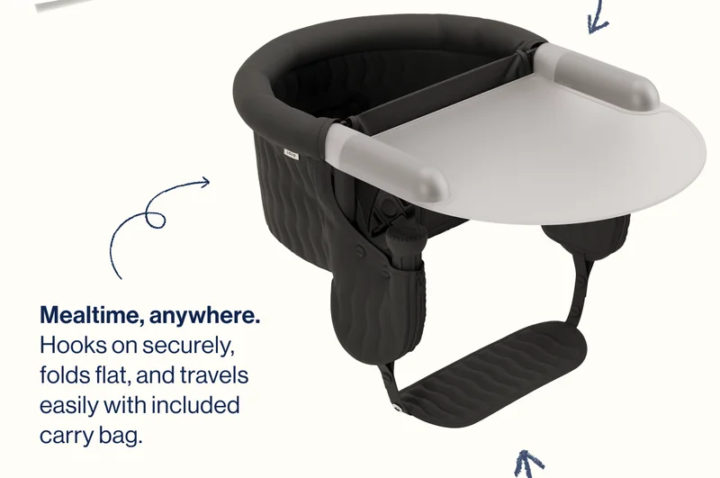 Mealtime, anywhere. Hooks on securely, folds flat, and travels easily with included carry bag.