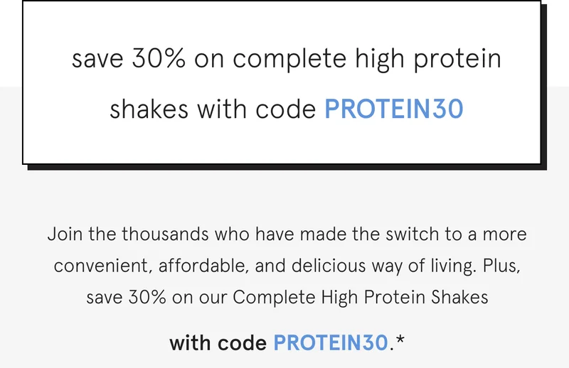 save 30% on complete high protein shakes