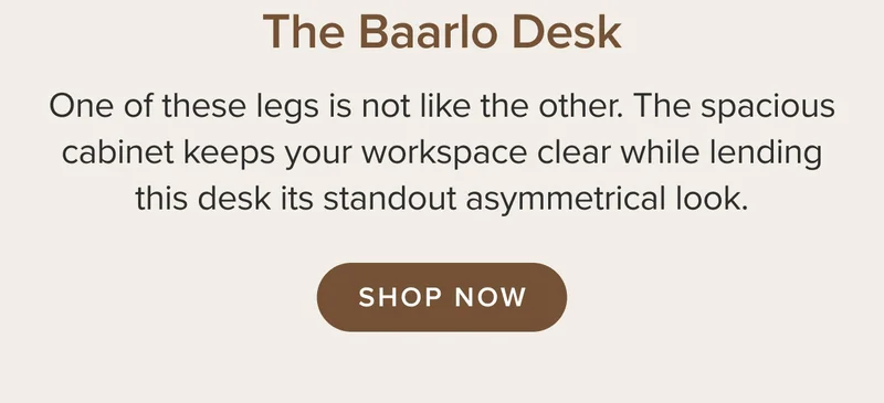The spacious cabinet keeps your workspace clear while lending this desk its standout asymmetrical look.