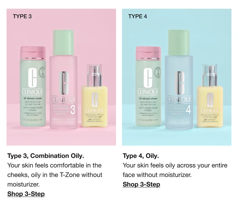 Type 3, Combination Oily. Your skin feels comfortable in the cheeks, oily in the T-Zone without moisturizer. Shop 3-Step | Type 4, Oily. Your skin feels oily across your entire face without moisturizer. | Shop 3-Step