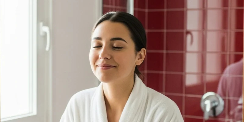 Woman standing in a sunlit, red-tiled bathroom, smiling gently while wearing a crisp white robe.